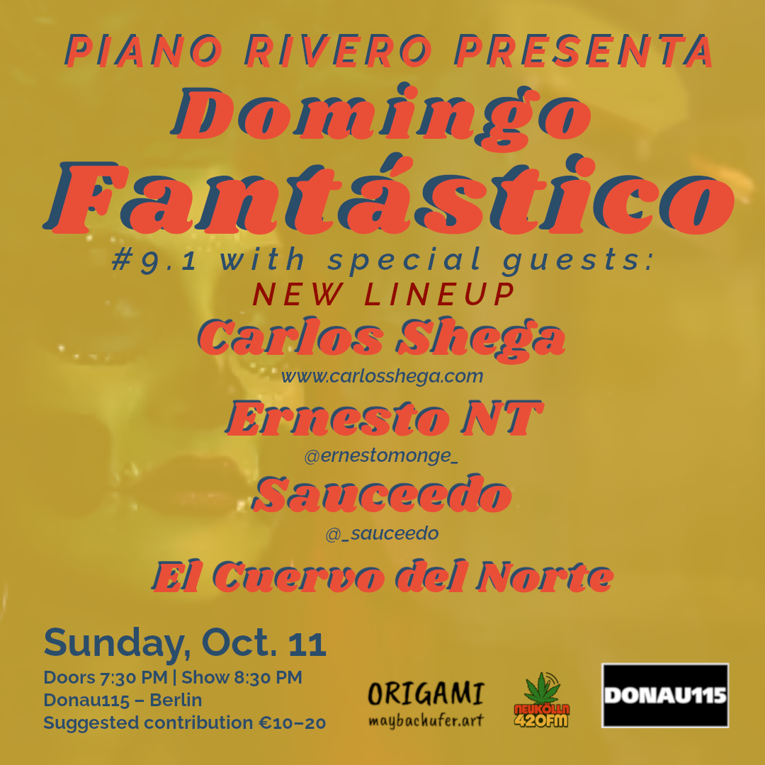 Flyer de Domingo Fantástico IX con Quintero MC, Carlos Shega, Sauceedo y El Cuervo del Norte (Krakralot)