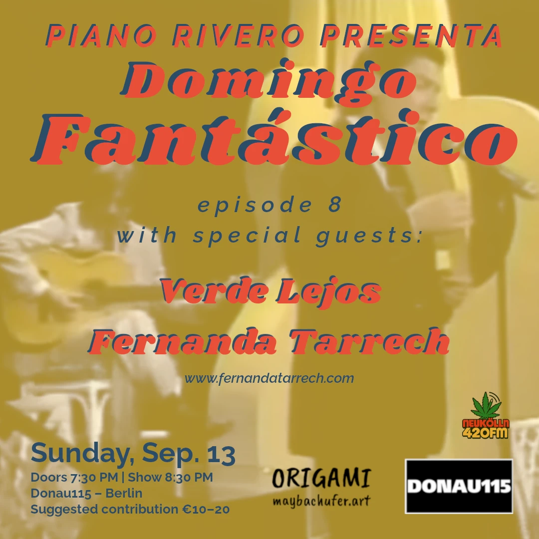 Cartel de Domingo Fantástico en Berlín con Verde Lejos y Fernanda Tarrech en Donau115 el 13 de septiembre.